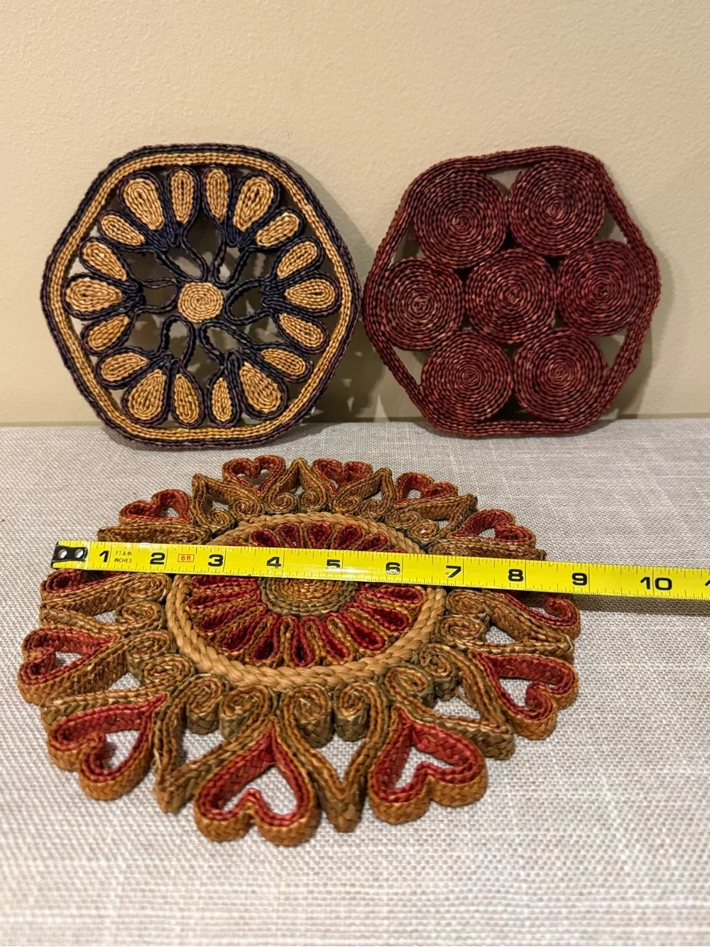 Vintage Woven Boho Table Trivets & Wall Hangings Set of 3 Coasters Farmhouse